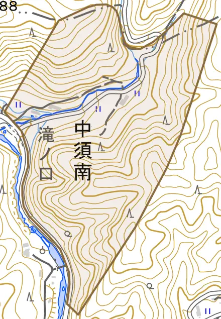 大字中須南とその周辺の地図。町の範囲を重ねている
