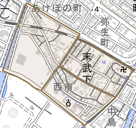 西市とその周辺の地図。町の範囲を重ねている