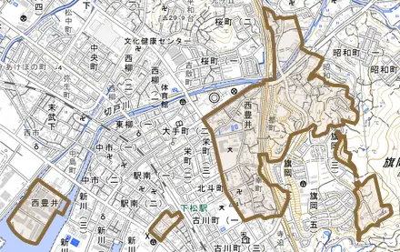 大字西豊井とその周辺の地図。町の範囲を重ねている