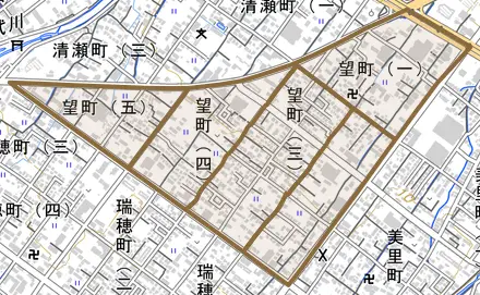 望町とその周辺の地図。町の範囲を重ねている