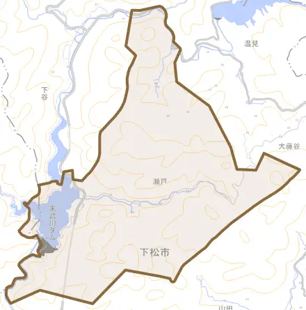 大字瀬戸とその周辺の地図。町の範囲を重ねている