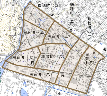 潮音町とその周辺の地図。町の範囲を重ねている