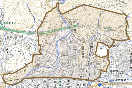 大字末武上とその周辺の地図。町の範囲を重ねている