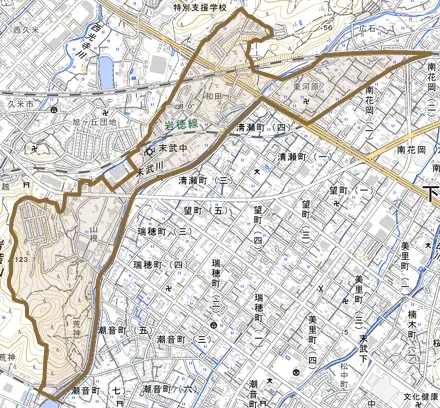 大字末武中とその周辺の地図。町の範囲を重ねている