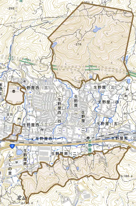 大字生野屋とその周辺の地図。町の範囲を重ねている