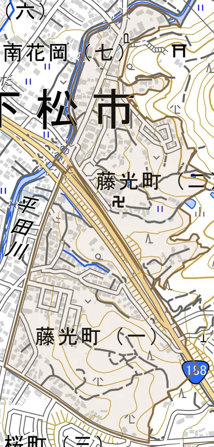 藤光町とその周辺の地図。町の範囲を重ねている