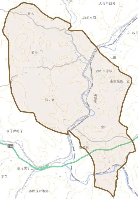 東厚保町川東とその周辺の地図。町の範囲を重ねている