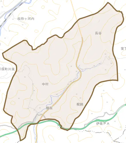 東厚保町山中とその周辺の地図。町の範囲を重ねている
