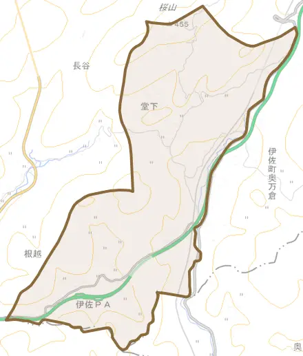伊佐町堀越とその周辺の地図。町の範囲を重ねている