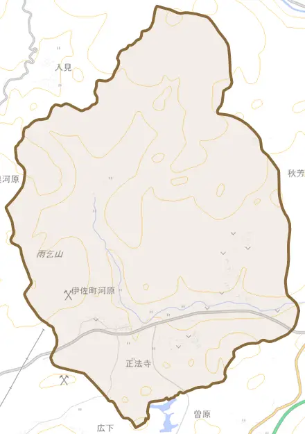 伊佐町河原とその周辺の地図。町の範囲を重ねている