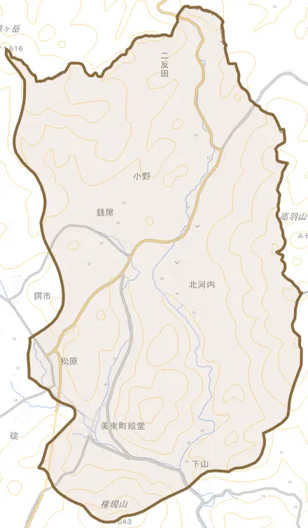 美東町絵堂とその周辺の地図。町の範囲を重ねている