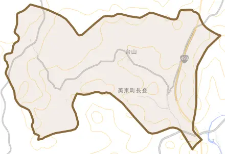 美東町長登とその周辺の地図。町の範囲を重ねている