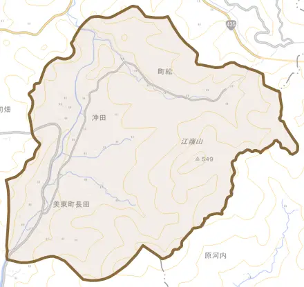美東町長田とその周辺の地図。町の範囲を重ねている