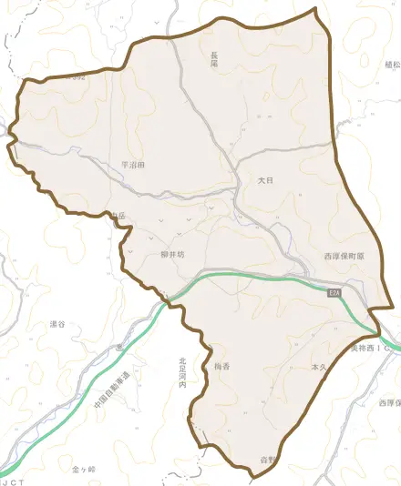 西厚保町原とその周辺の地図。町の範囲を重ねている