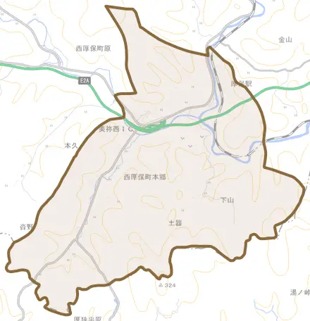 西厚保町本郷とその周辺の地図。町の範囲を重ねている