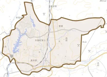 大嶺町東分とその周辺の地図。町の範囲を重ねている