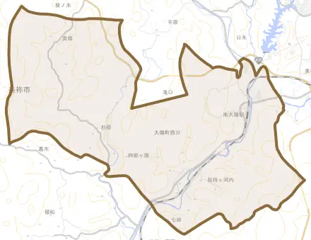 大嶺町西分とその周辺の地図。町の範囲を重ねている