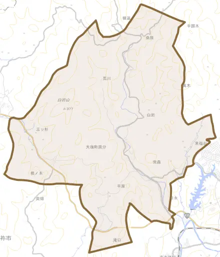 大嶺町奥分とその周辺の地図。町の範囲を重ねている