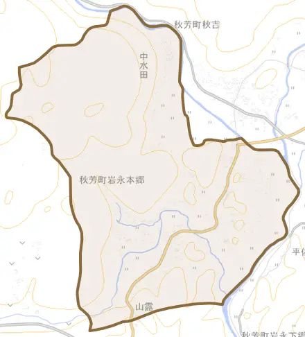 秋芳町岩永本郷とその周辺の地図。町の範囲を重ねている