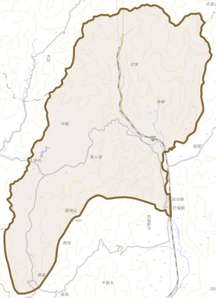 於福町上とその周辺の地図。町の範囲を重ねている
