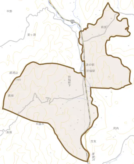 於福町下とその周辺の地図。町の範囲を重ねている