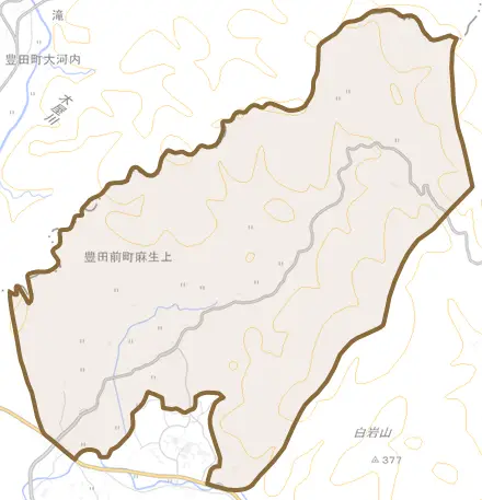 豊田前町麻生上とその周辺の地図。町の範囲を重ねている