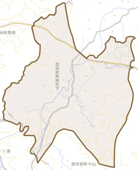 豊田前町麻生下とその周辺の地図。町の範囲を重ねている
