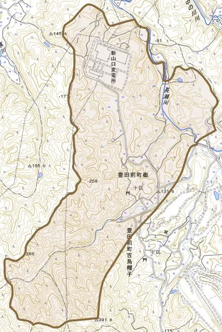 豊田前町嶽とその周辺の地図。町の範囲を重ねている