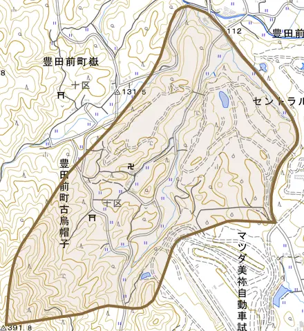 豊田前町古烏帽子とその周辺の地図。町の範囲を重ねている