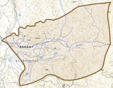 豊田前町保々とその周辺の地図。町の範囲を重ねている