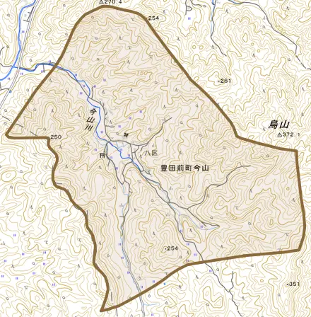 豊田前町今山とその周辺の地図。町の範囲を重ねている