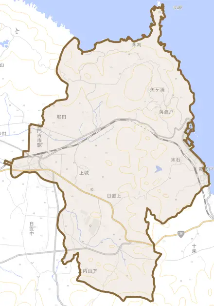 日置上とその周辺の地図。町の範囲を重ねている