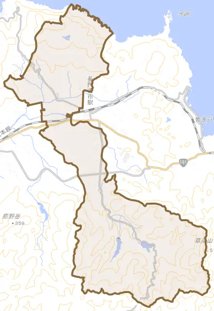 日置中とその周辺の地図。町の範囲を重ねている