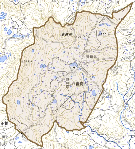 日置野田とその周辺の地図。町の範囲を重ねている