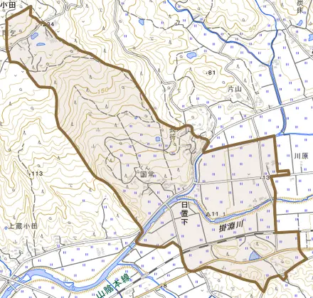 日置下とその周辺の地図。町の範囲を重ねている