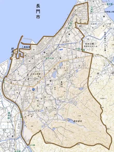 東深川とその周辺の地図。町の範囲を重ねている