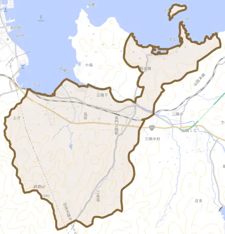 三隅下とその周辺の地図。町の範囲を重ねている