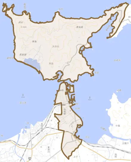 仙崎とその周辺の地図。町の範囲を重ねている