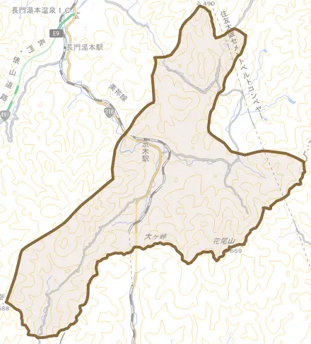 渋木とその周辺の地図。町の範囲を重ねている
