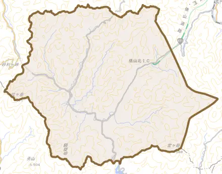 俵山とその周辺の地図。町の範囲を重ねている