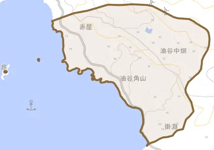 油谷角山とその周辺の地図。町の範囲を重ねている