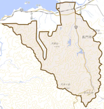 油谷河原とその周辺の地図。町の範囲を重ねている