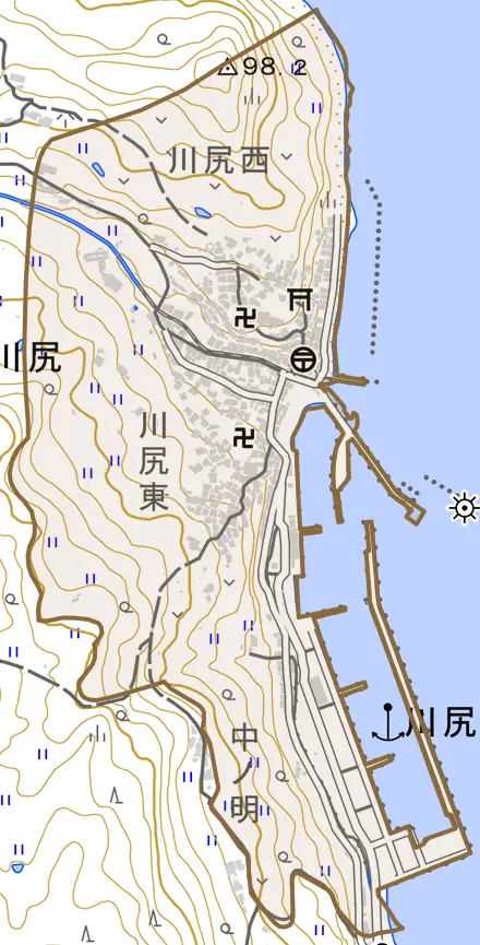 油谷川尻とその周辺の地図。町の範囲を重ねている