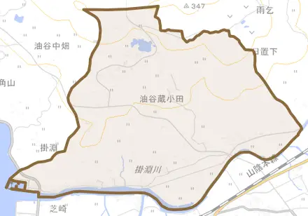 油谷蔵小田とその周辺の地図。町の範囲を重ねている