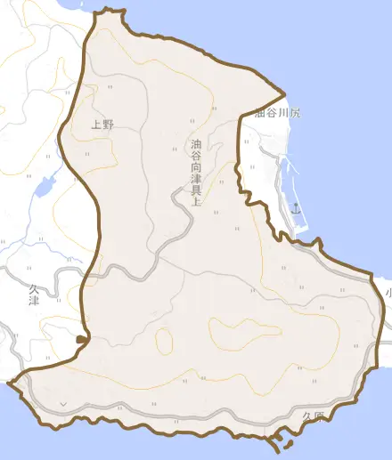 油谷向津具上とその周辺の地図。町の範囲を重ねている