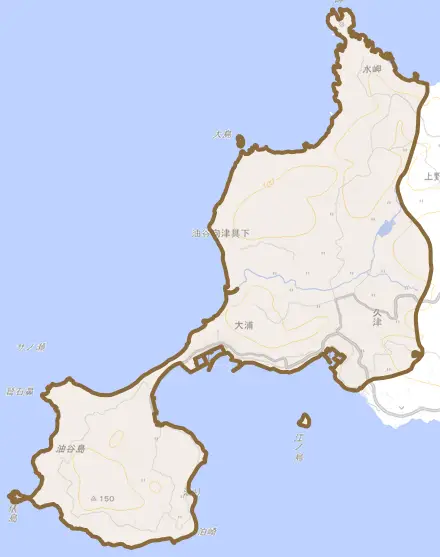 油谷向津具下とその周辺の地図。町の範囲を重ねている