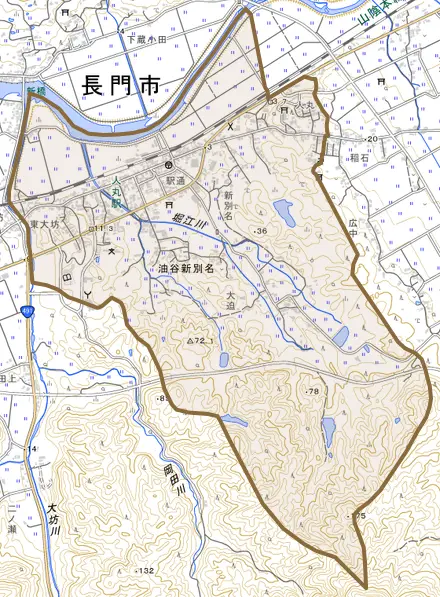 油谷新別名とその周辺の地図。町の範囲を重ねている