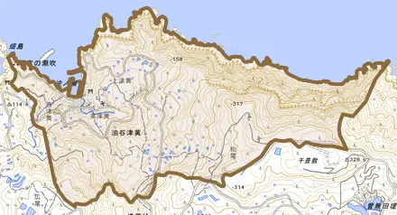 油谷津黄とその周辺の地図。町の範囲を重ねている