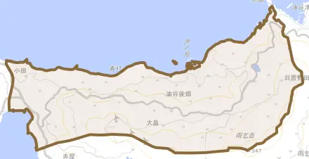 油谷後畑とその周辺の地図。町の範囲を重ねている