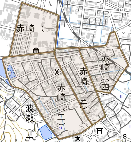 赤崎とその周辺の地図。町の範囲を重ねている